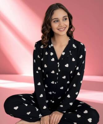Milan Büyük Kalp Desenli Pijama Takımı SİYAH