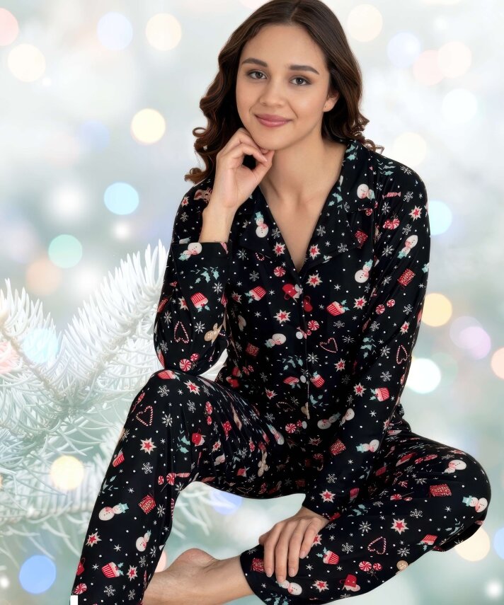 Süet Yılbaşı Desenli Pijama Takımı - 3