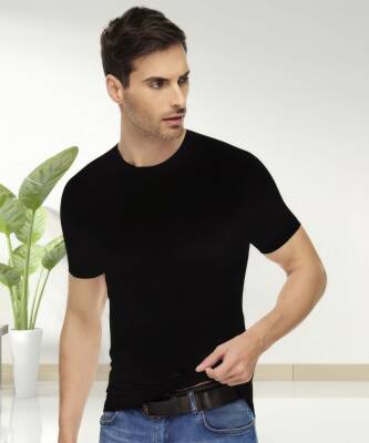 Elastan Yuvarlak Yaka Yarım Kol Atlet SİYAH