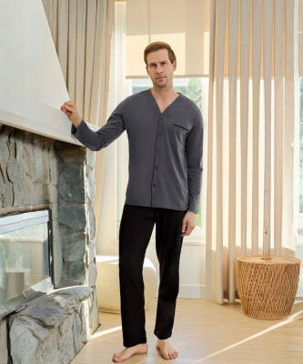 Önden Düğmeli Düz Pijama Takımı - 3