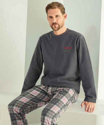 Yuvarlak Yaka Polar Pijama Takımı Füme