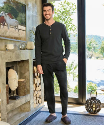 Waffle Patlı Erkek Pijama Takımı Füme