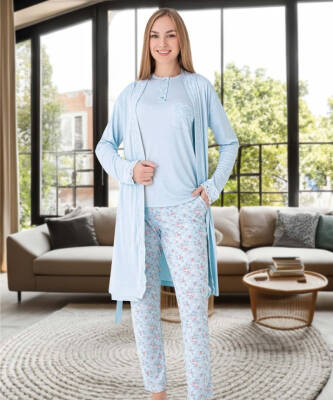 Melisa 3'lü Set Uzun Kol Pijama Takımı MAVİ