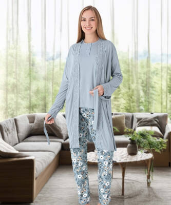 Melisa 3'lü Set Uzun Kol Pijama Takımı GRİ