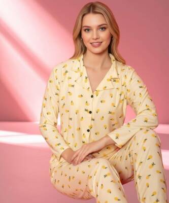 Süet Limon Desenli Pijama Takımı Sarı