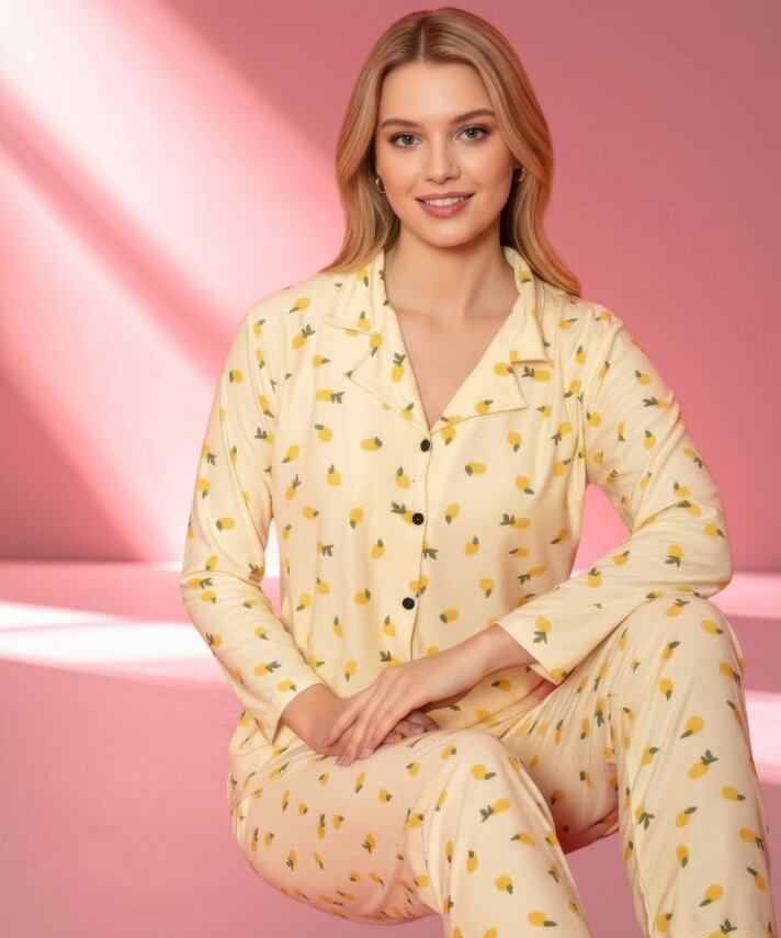 Süet Limon Desenli Pijama Takımı - 2